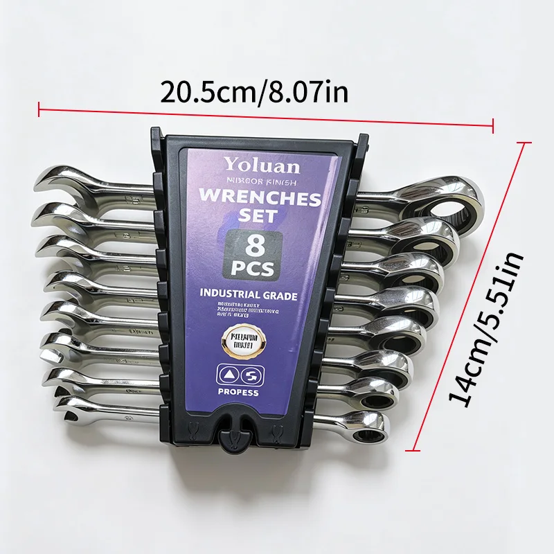 8pcs Opening plum Blossom Dual-Use Ratchet Wrench Set, 8/10/12/13/15mm Metric Specifications, Chrome Vanadium Steel Strip Storage Box Combination Wrench Set, 72 Teeth Suitable for Industrial Home Car Maintenance, DIY Enthusiasts