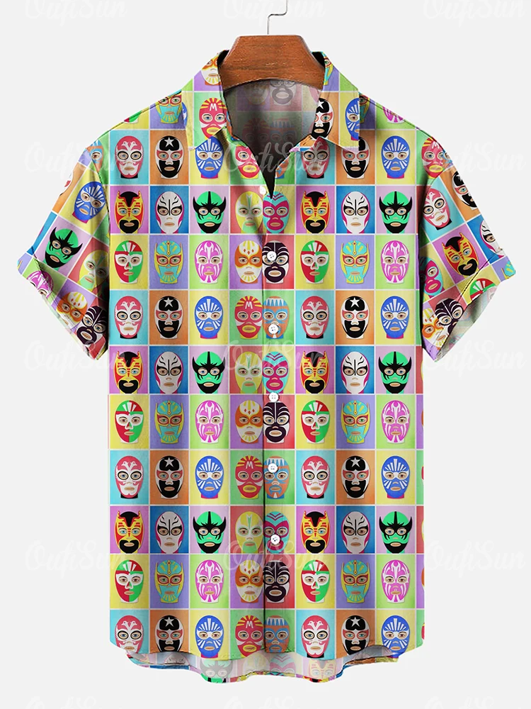 Horror Face Shirt For Men Mask Plaid Pattern Short Sleeved Shirt Top Summer Casual Tees Oversized Blouse Hawaiian Men\'s Clothing