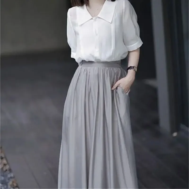 ใหม่ Elegant ฤดูร้อนกระโปรงผู้หญิงแฟชั่นเอวสูงสีทึบ Draped A-Line Midi กระโปรง Casual หลวม Flared Swing Jupe