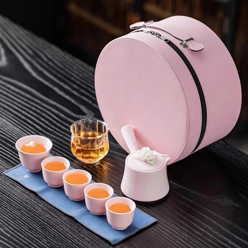 Roze met de hand geperst bloemenreistheeservies, draagbare keramische theepotbeker, luxe geschenkdoos voor het zetten van buiten