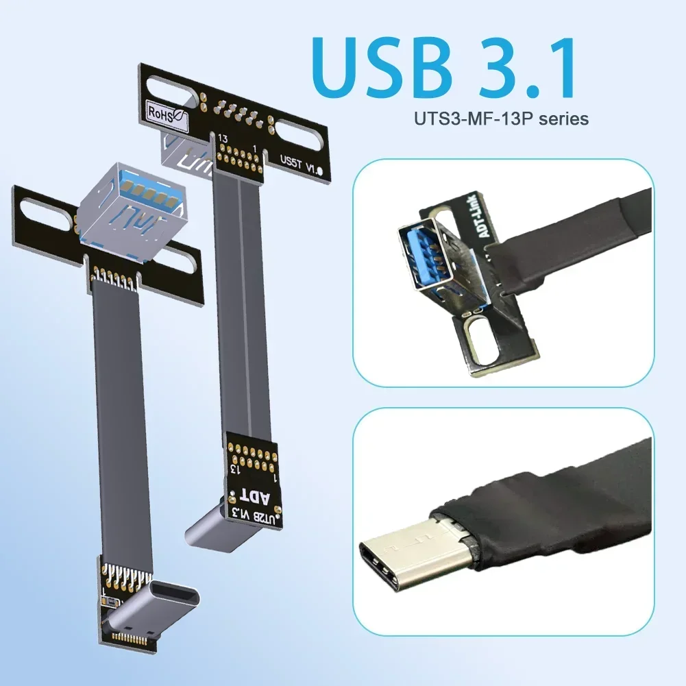 ADT Built-in 3A USB 3.1 Type C Male to USB A Female Double 90 Angled Ribbon Flat FPV FPC Up Down USB 3.1 Fast Charger Data Cable