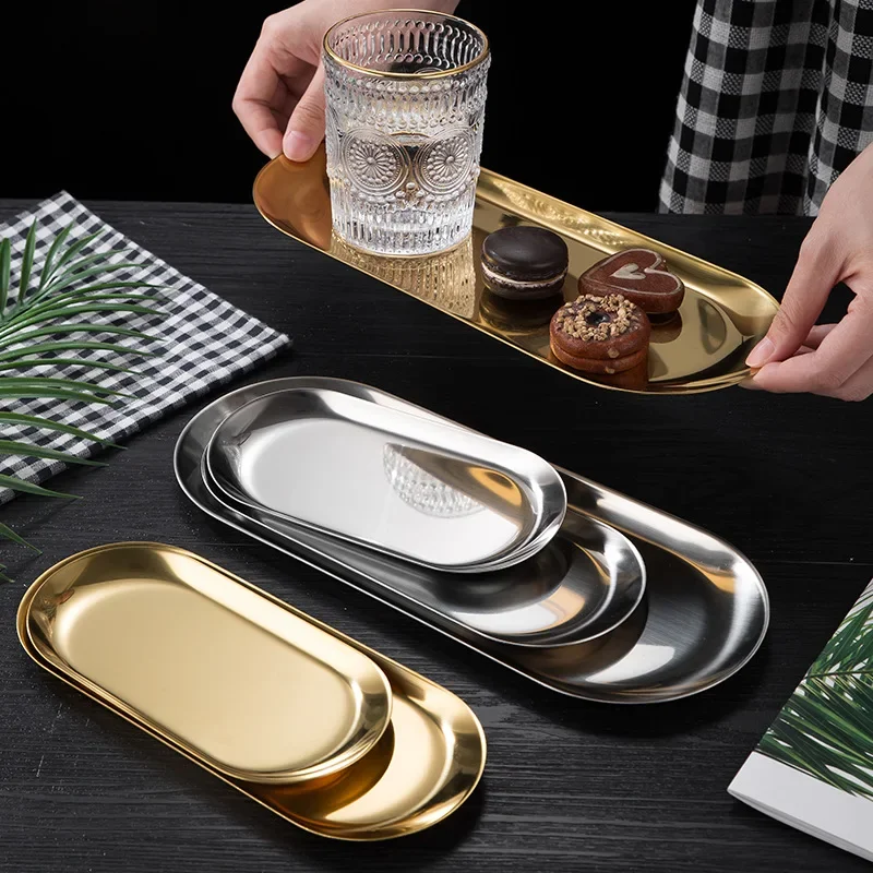 Stainless Steel Jewelry Tray Cosmetic Holder Oval Metal Dining Dessert Plate for Tray Snack Plate Steak Kitchen Plate Dish