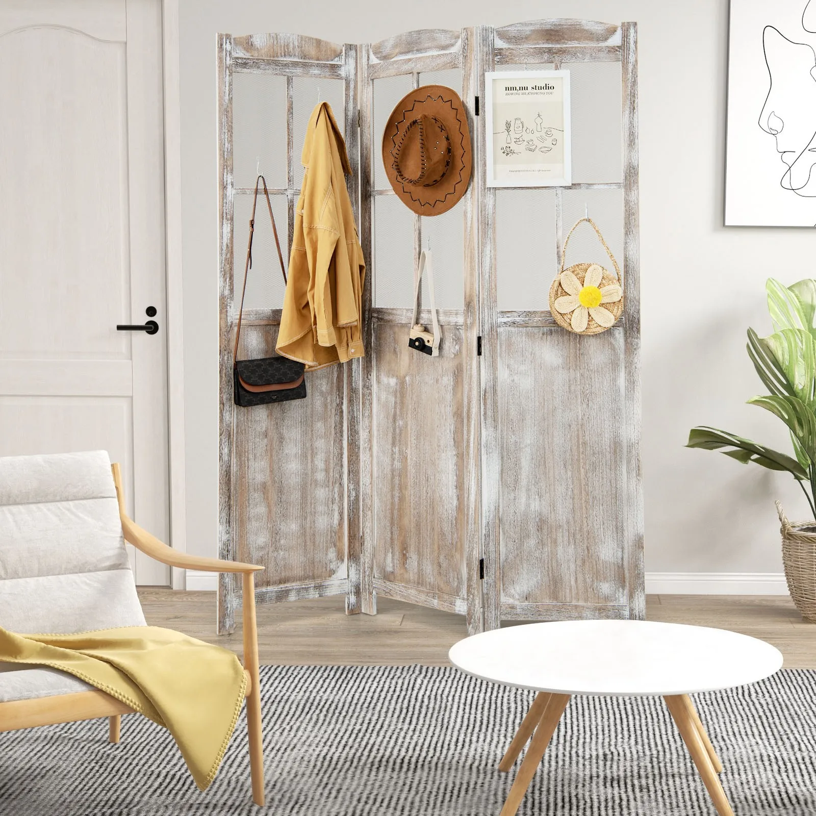 3-Panel Folding Room Divider Natural Rustic Paulownia Wood Frame Divider Screen