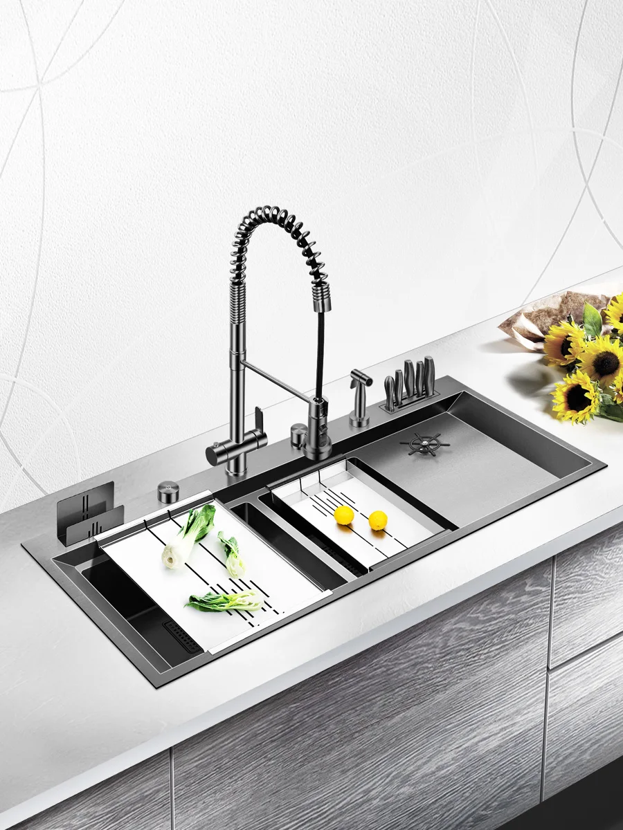 

ASRAS kitchen sink thickened 304 stainless steel nano gray large double slot built-in cup cleaning device