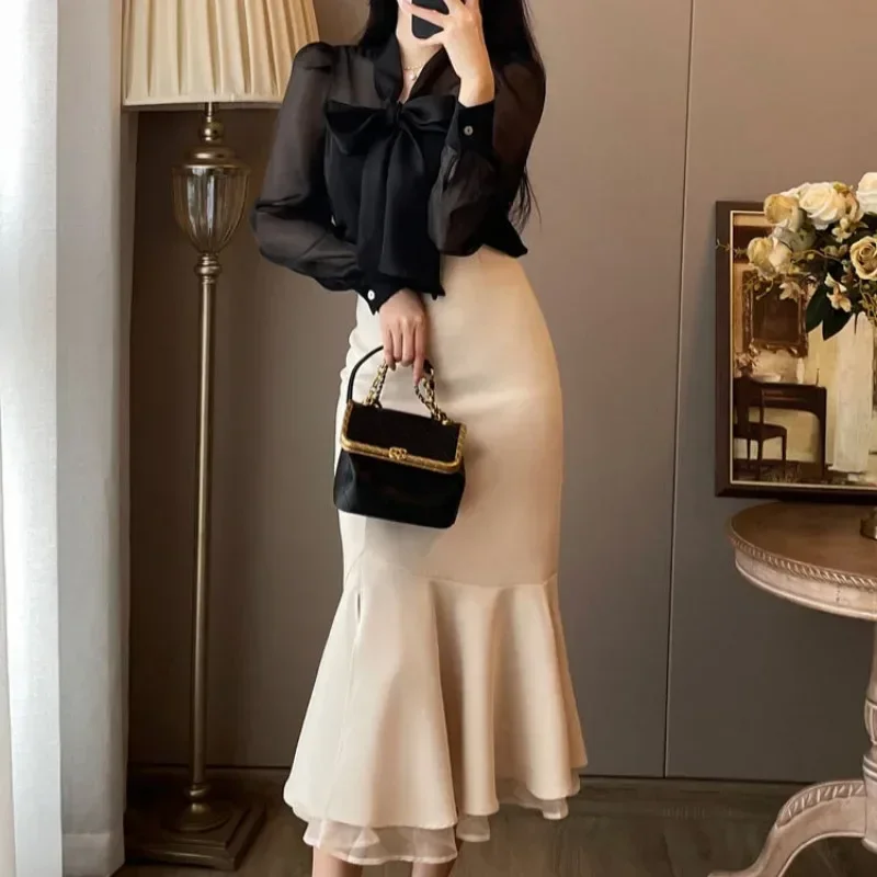 Women's Two Piece Set Maxi Long Sleeve Party Slit Skirt Female Outfits Sexy Formal Occasion Vintage Summer Clothes 2024 Vacation