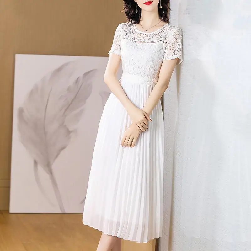 Kanten jurk dames zomer nieuwe witte chiffon grote geplooide jurken lange jurken