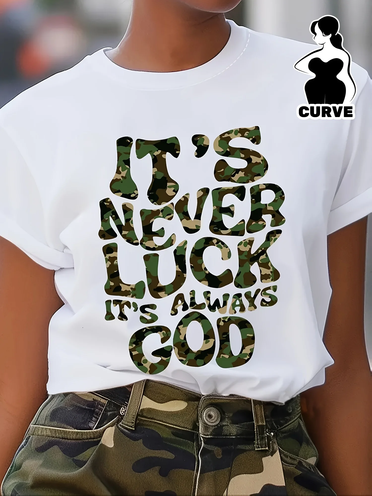 

Plus Size Women's Inspirational Camo T-Shirt - "It's Never Luck, It's Always God" Print with Stars & Lips Design, 100% Cotton