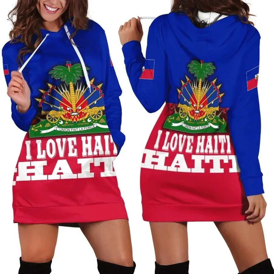 

Haiti Flag 3D Women Hoodie Dress Retro Harajuku 3D Printed Flag Pullover Casual Sexy Women Hoodie Dress