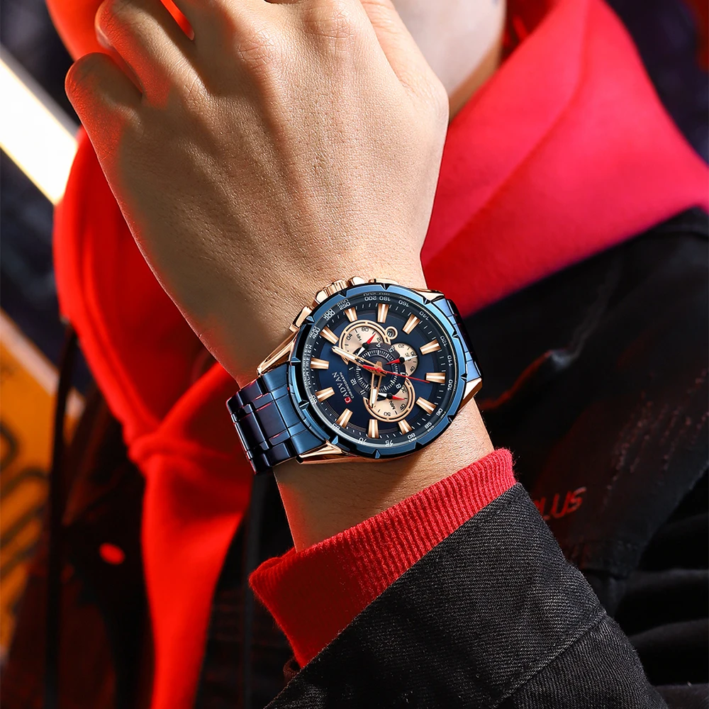 CADVAN Mens Watches Top Brand Luxury Chronograph Quartz Men Watch Waterproof Sport Wrist Watch Men Stainless Steel Male Clock
