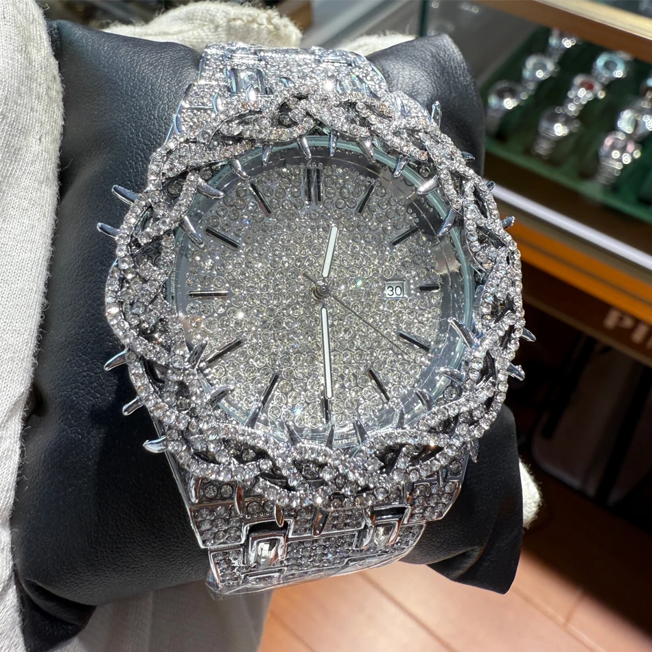 Thorn Spike Watch Men Iced Out Rhinestone Quartz Wristwatch Reloj Hombre Punk Gothic Stainless Steel Waterproof for Party
