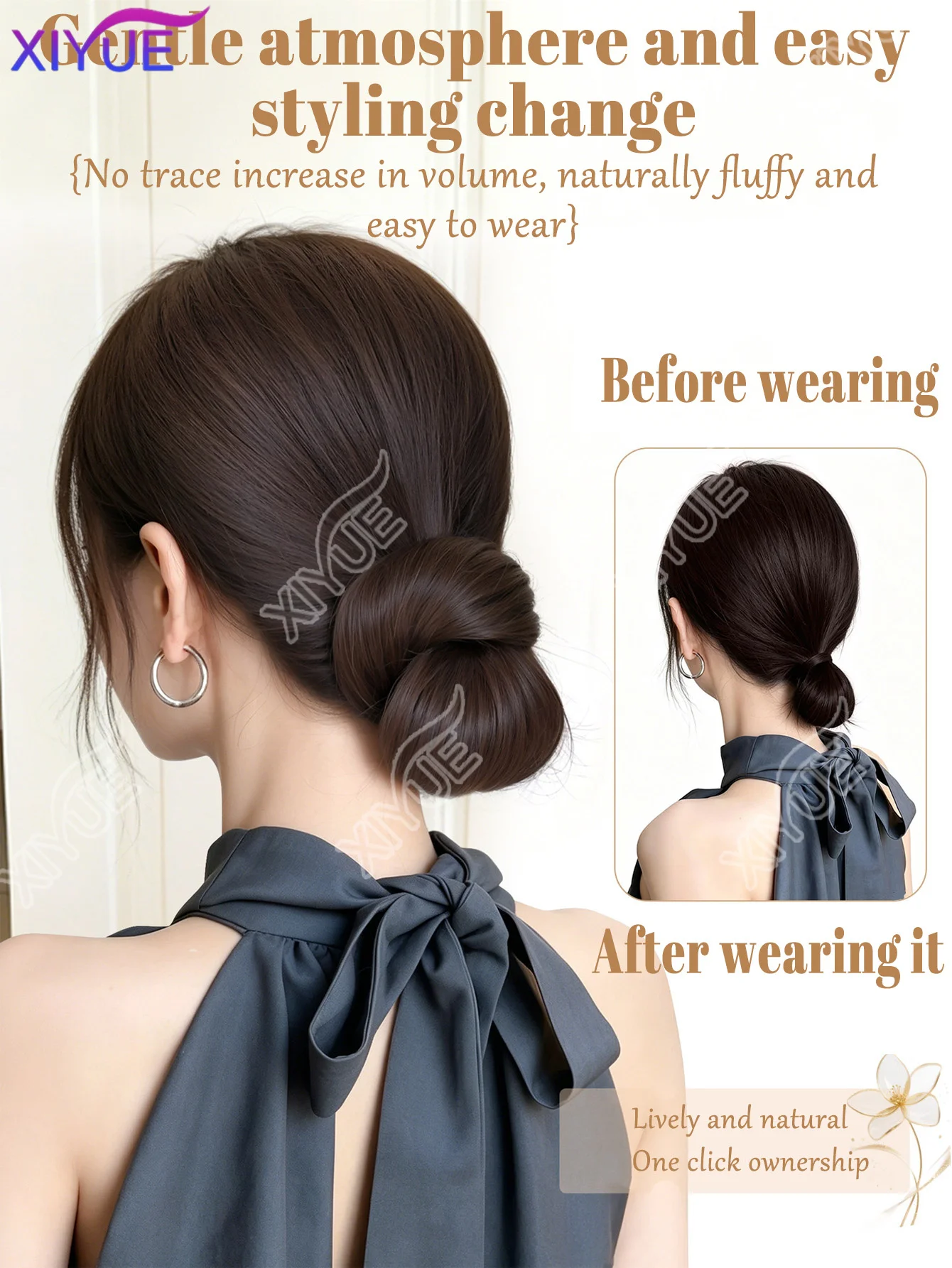XIYUE Synthetic Wig Wrap Around Bun Black Brown Bun Head Wig Easy Updo Hairstyle, Natural Fluffy Chignon Bun, For Women