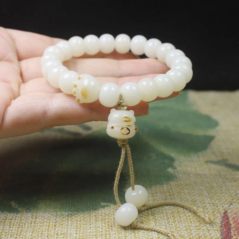 

White Jade Bodhi Charcoal Burned Cat Claw Fortune Cat Bracelet, Unisex Decorative Bead Jewelry