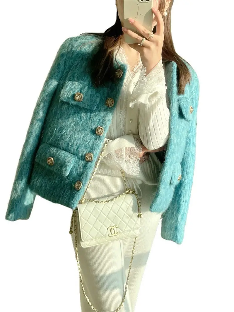 Luxury mink Hair Coat French Elegant Gold Single Breasted O-Neck Long Sleeve Women's Spring Autumn New All-matched Blue Jacket