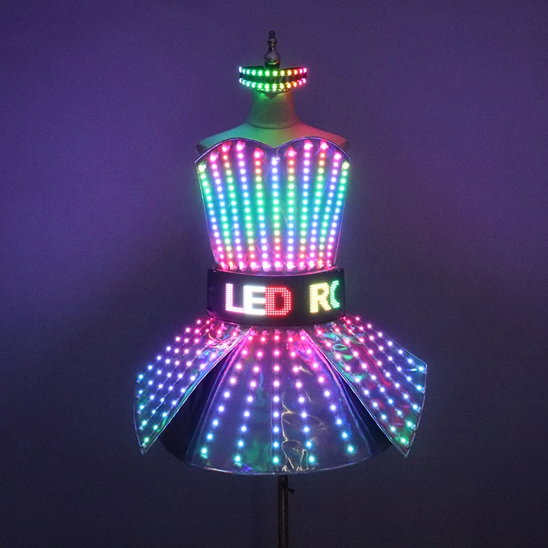 Full Color LED Costume Laser Mirror Luminous Dress Bar Dj Gogo Dancer Singer Stage Glowing Clothes Women Evening Birthday Outfit