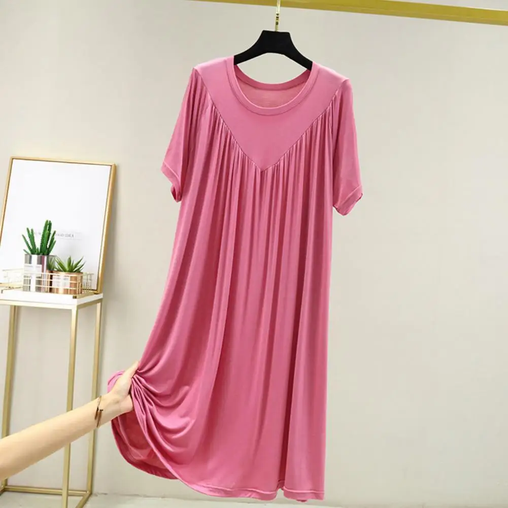 Loose Fit Casual Dress Lightweight Short-sleeve Dress Elegant Knee-length Pleated Summer Dress for Women Solid Color O Neck