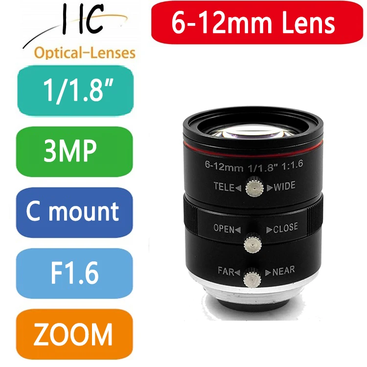 

3MP Industial CCTV Lens 6-12mm Varifocal C Mount 1/1.8 inch Aperture F1.6 for Video Surveillance IP Cameras