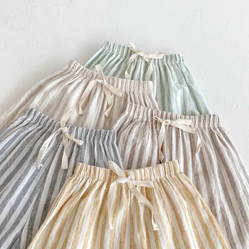 Kids Striped Linen Cotton Harem Pants 3 Spring Summer Boys Striped Loose Pants Baby Girl Vintage Casual Linen Cotton Harlan Pants Kids Lace-up Pant Children Clothing 3