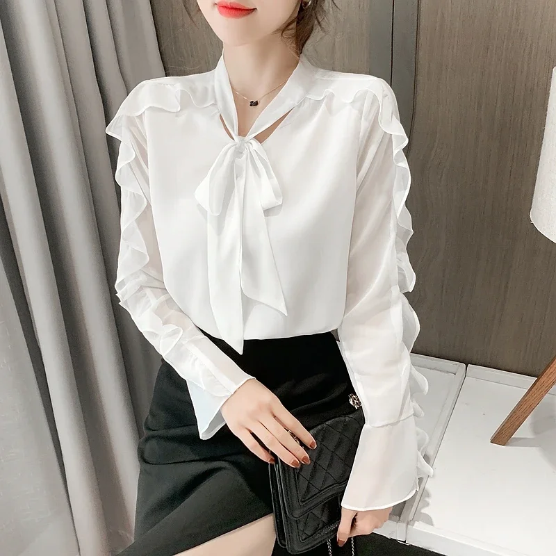 Autumn New Women's Long Sleeve Blouse Korean Fashion Ruffle Slimming Bow Women's Clothing Lace-up Scarf Collar Shirt Corset Top