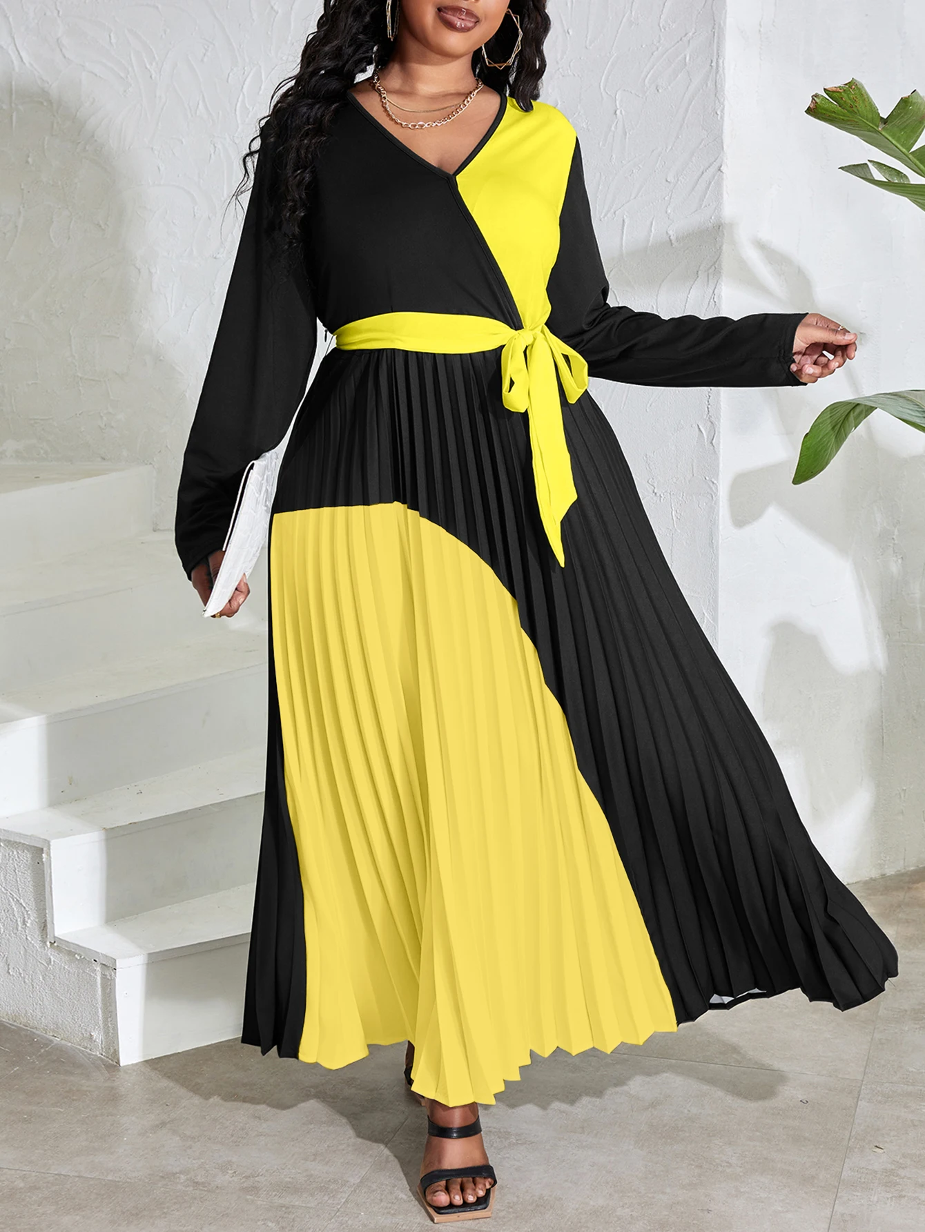 

LW Plus Size Elegant Fall Maxi Dresses Bandage Design Tiered Pleated A Line Dress Belted Long Sleeve V Neck Patchwork Vestidos