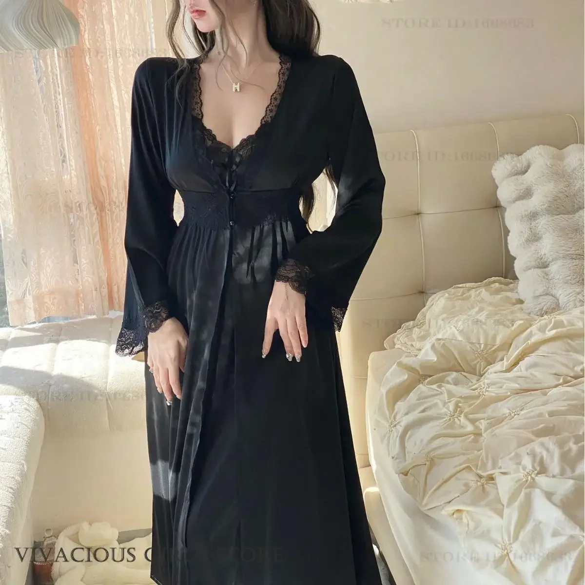 エレガントなセクシーなレースのロングローブネグリジェセット春夏サテン着物バスローブガウンナイトウェアフレンチスタイルパジャマ部屋着
