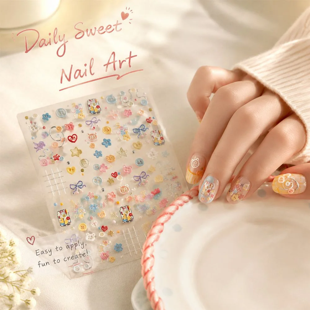 1Pc 5D Summer Sweet Button Nail Stickers Adhesive Embossed Cute Cartoon Flower Bow Grid Decals DIY Manicure Nail Art Decor Parts