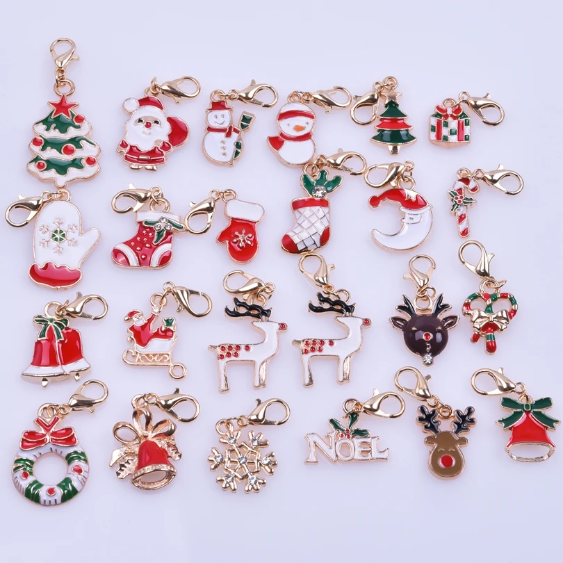 24pcs Christmas Pendant With Lobster Clasp Enamel Charms For Jewelry Making Supplies DIY Accessories Women Men Handmade Keychain