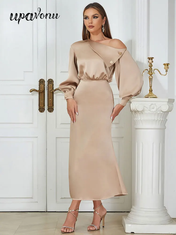 

2023 New Autumn Women's Satin Dress with Oblique Neck Lantern Sleeves Slim Fit Long Dress Celebrity Cocktail Evening Party Dress