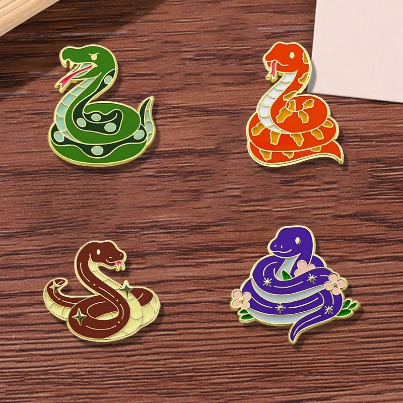 4Pcs Cute Cartoon Snake Enamel Pin Set Colorful Serpent Kawaii Reptile Metal Brooch Badge For Backpack Jacket Decor Gift