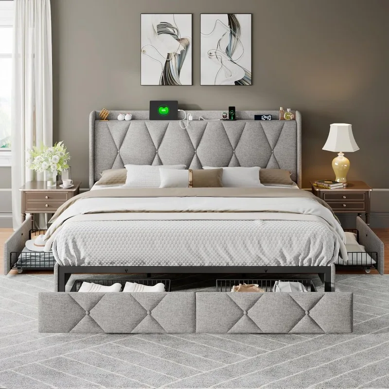 King Size Bed Frame with 4 Storage Drawers, Upholstered Platform Bed with Charging Station, Wingback Storage Headboard