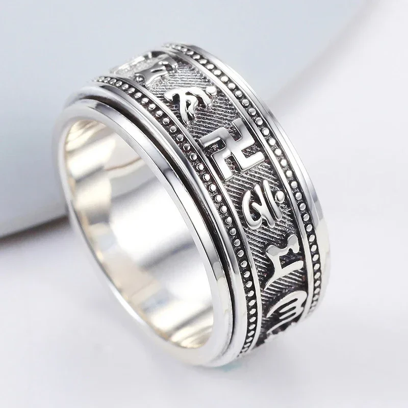 925 Thai Silver Craft Mens Rings Rotable Stereoscopic Embossed Design Vintage Glossy Six-character Mantra Domineering Jewelry