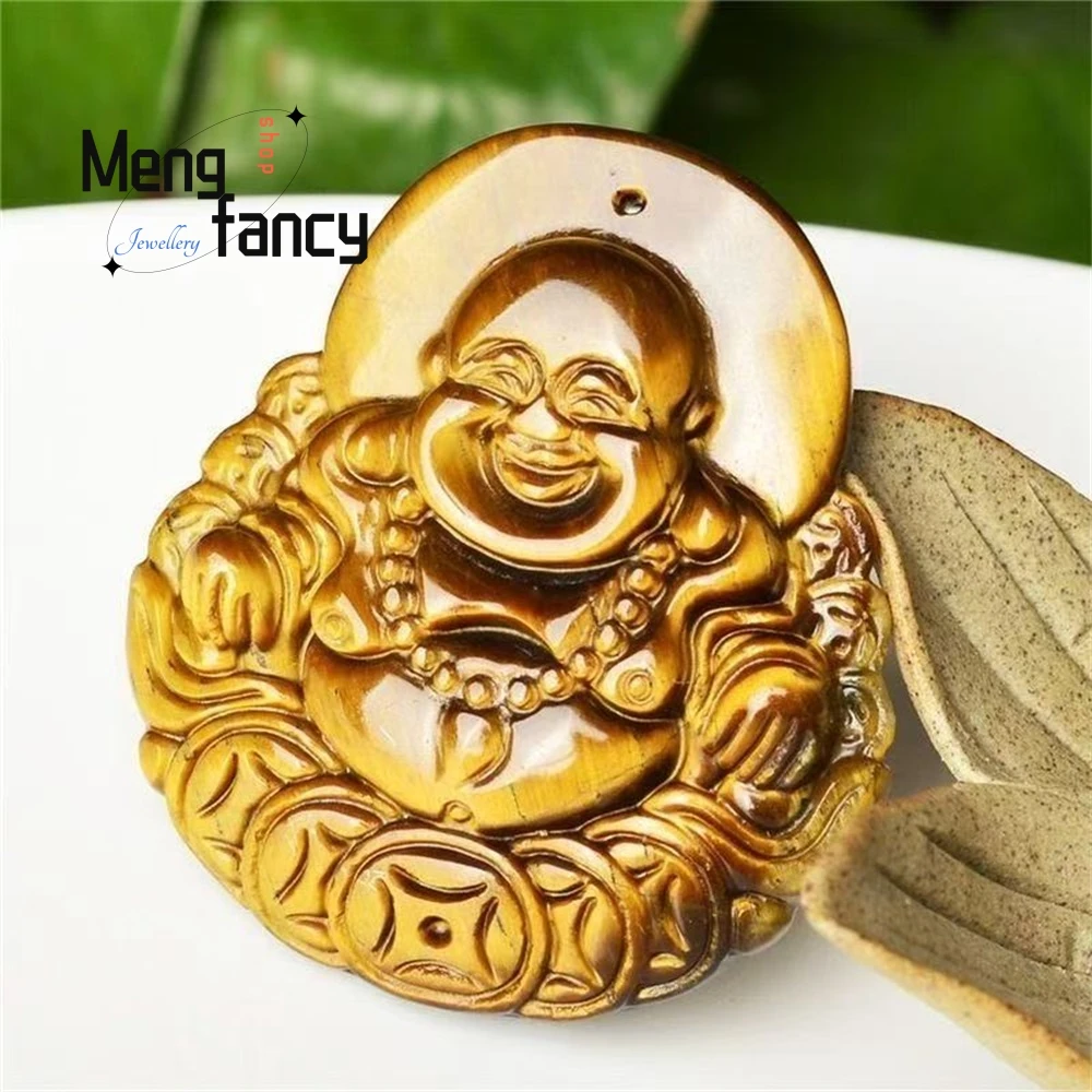 

Natural Tiger's Eye Stone Zodiac Dragon Tiger Plaque Guanyin Peace Button Maitreya Buddha Pendant Couple Fashion Popular Jewelry