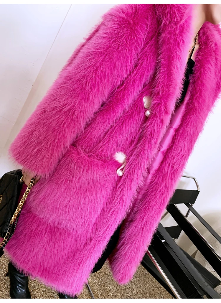 Casaco com capuz de pele sintética feminino, lã artificial, casaco longo, ecológico, rosa vermelha, moda feminina, promoção, inverno