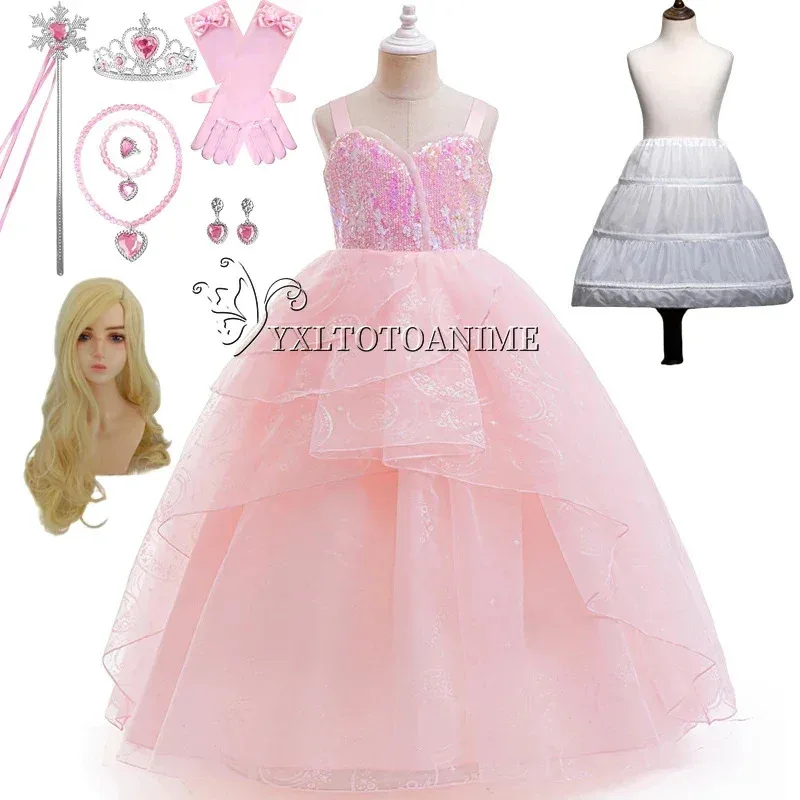 En stock disfraz de Cosplay de Glinda malvado para niña, vestido de noche de princesa de boda rosa, disfraz de fiesta de disfraces de Halloween
