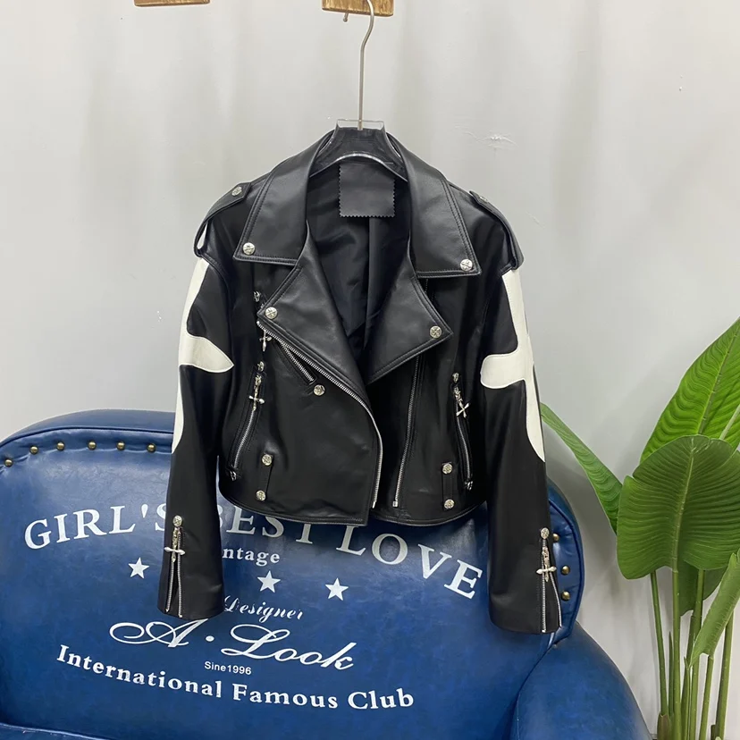 Bla White Cross Color Blo eep Leather Biker Casual Jaet Women's ort Real Leather Jaet European Sle Zipper Closure