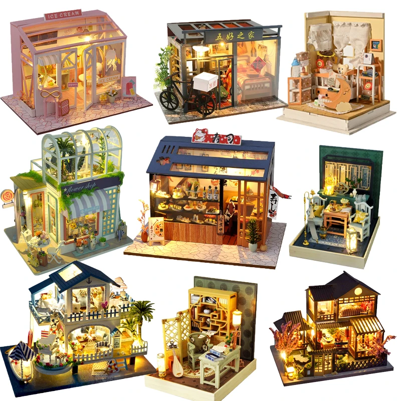 

DIY Wooden Mini Casa Doll Houses Miniature Building Kits Sushi Shop Flower Villa Dollhouse with Furniture Toy for Girls Gifts