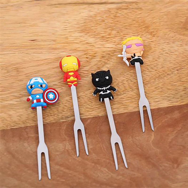 Disney Marvel Avengers Cutlery Anime Figure Iron Man Spiderman Hulk Stainless Steel Silicone 8pcs/Set Fruit Forks