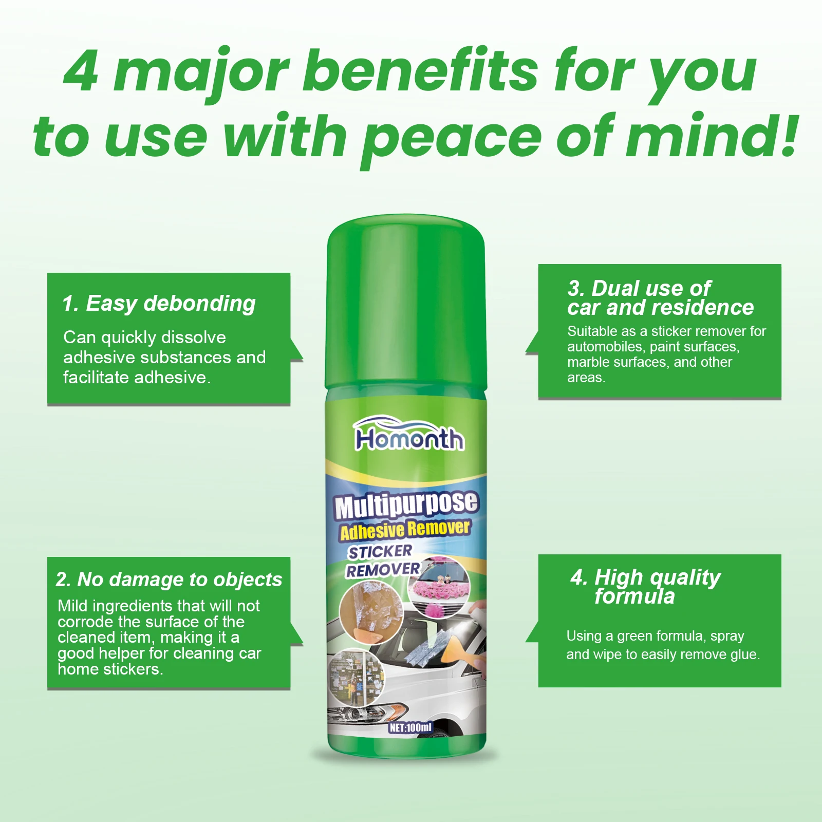 Homonth Dispositivo per la rimozione della colla per auto Spray multiuso Dispositivo per la rimozione dei residui appiccicosi Colla adesiva per la pulizia delle etichette del vetro del finestrino dell'auto