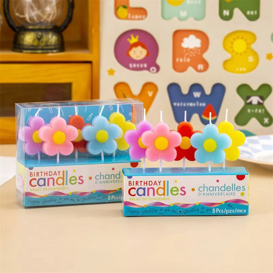 5 Stück bunte blumenförmige Kerzen für Mädchen, Geburtstagsparty, Kuchendekoration, niedliche Plugin-Kerzen – Detail 2