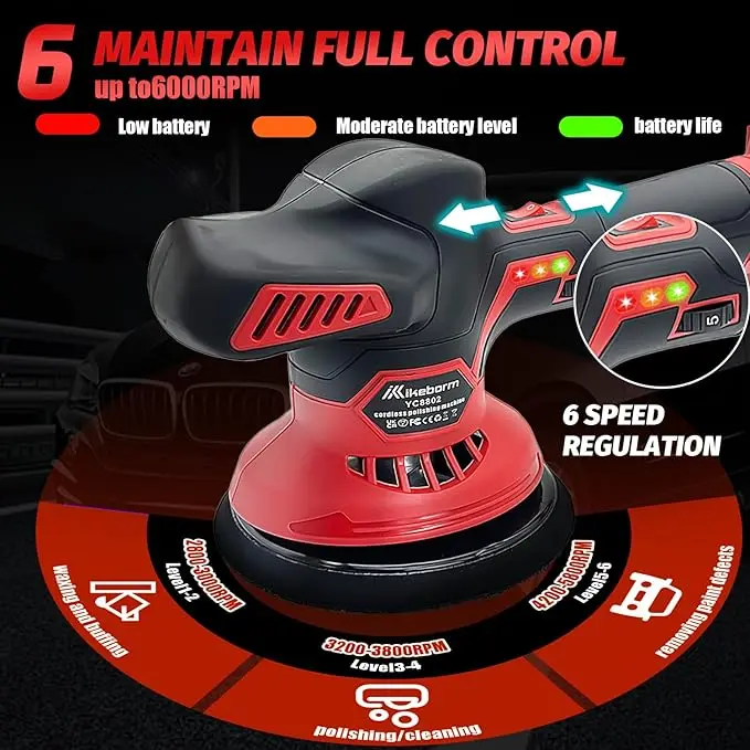 Bufferpolijstmachine voor accu's, vlakspolijstmachine met 6 snelheden en variabele snelheid voor detaillering/polijsten/wasauto's (batterij niet inbegrepen)