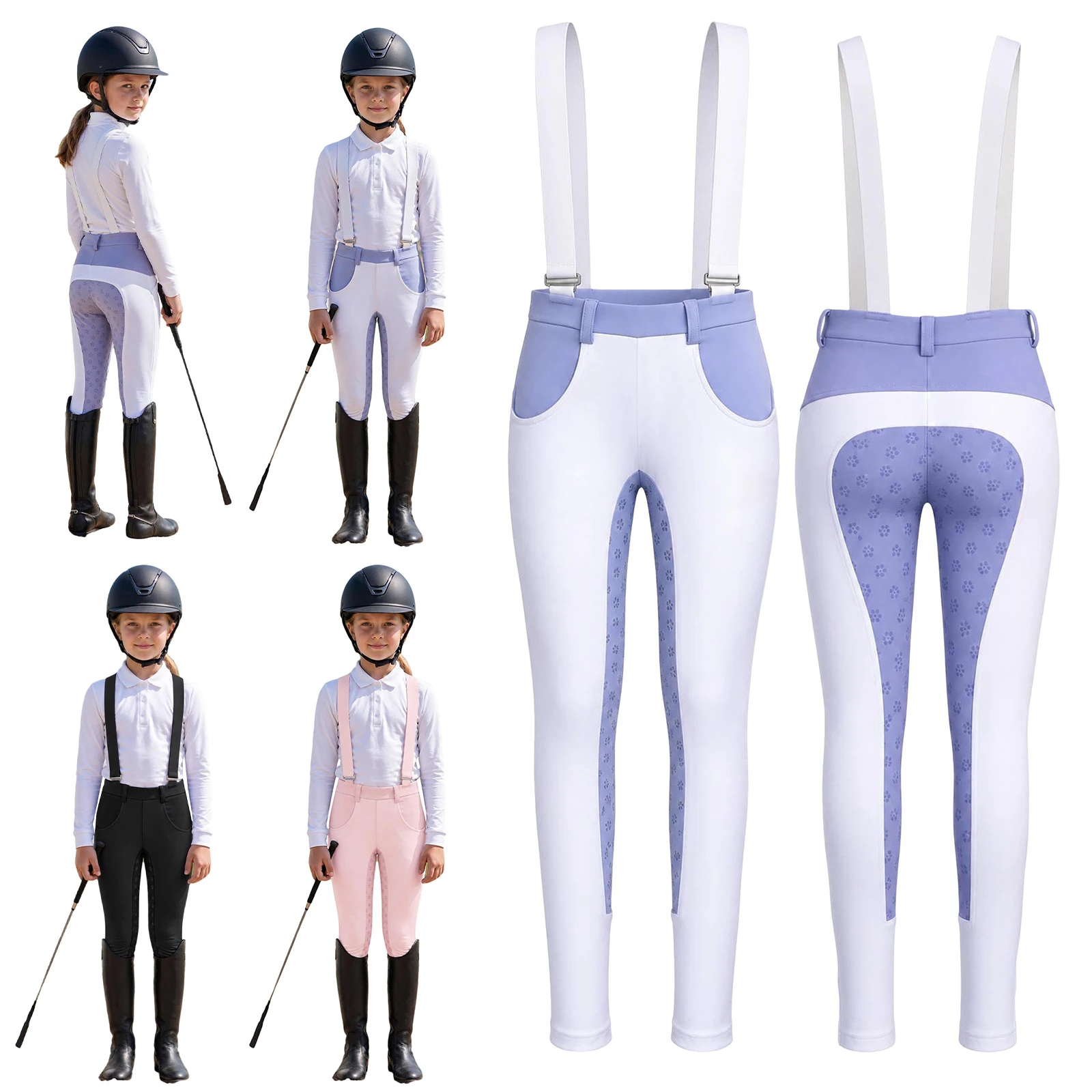 Reithose für Mädchen, elastischer Bund, Sportleggings mit Taschen und Schultergurten. – Detail 2