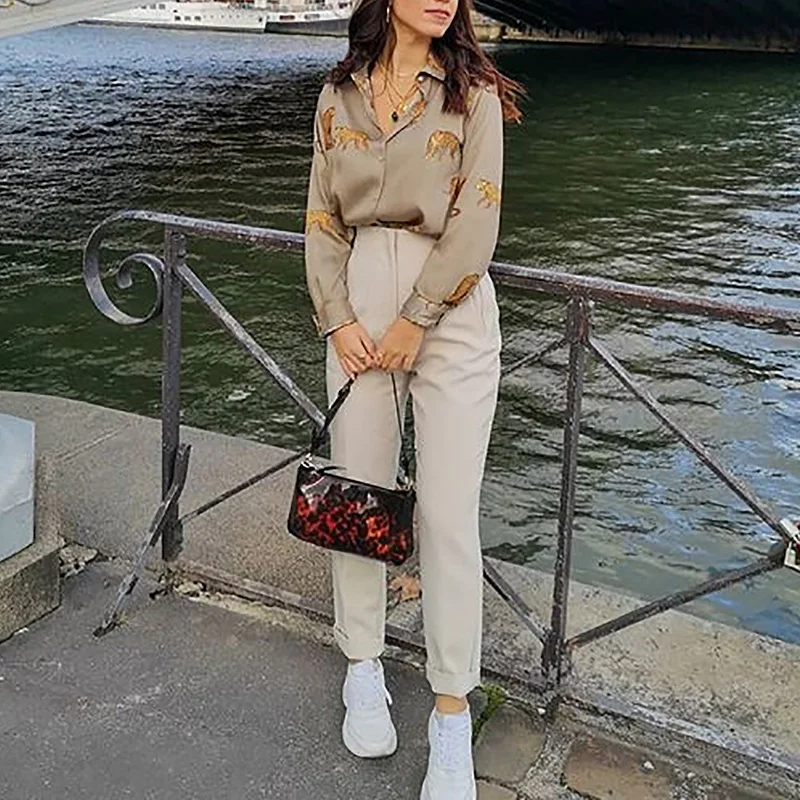 Damska koszula z długim rękawem, zapinana na guziki, z nadrukiem, z jedwabistej tkaniny, o luźnym kroju, stylowa i elegancka.