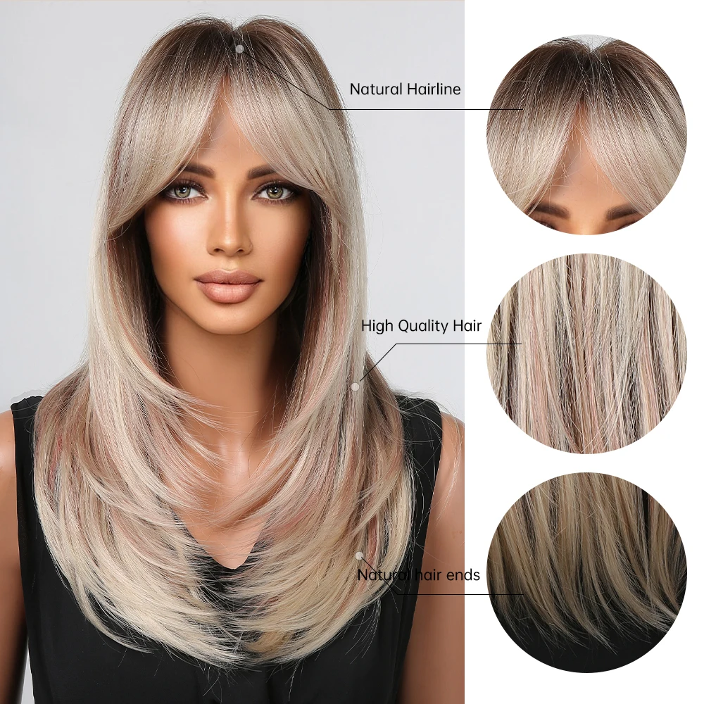 تسليط الضوء على شعر مستعار اصطناعي أشقر للنساء شعر مستعار تأثيري مع الانفجارات الطبقات مستقيم شعر مستعار للحفلات الاستخدام اليومي شعر مستعار مقاوم للحرارة #3