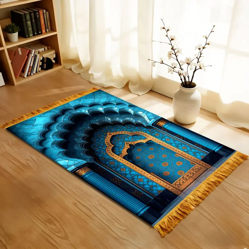 VIKAMA Blue Glass Arches Ancient City Prayer Carpet, Durable & Non-Slip, Elegant Kneeling Mat for Mosque Pilgrimage