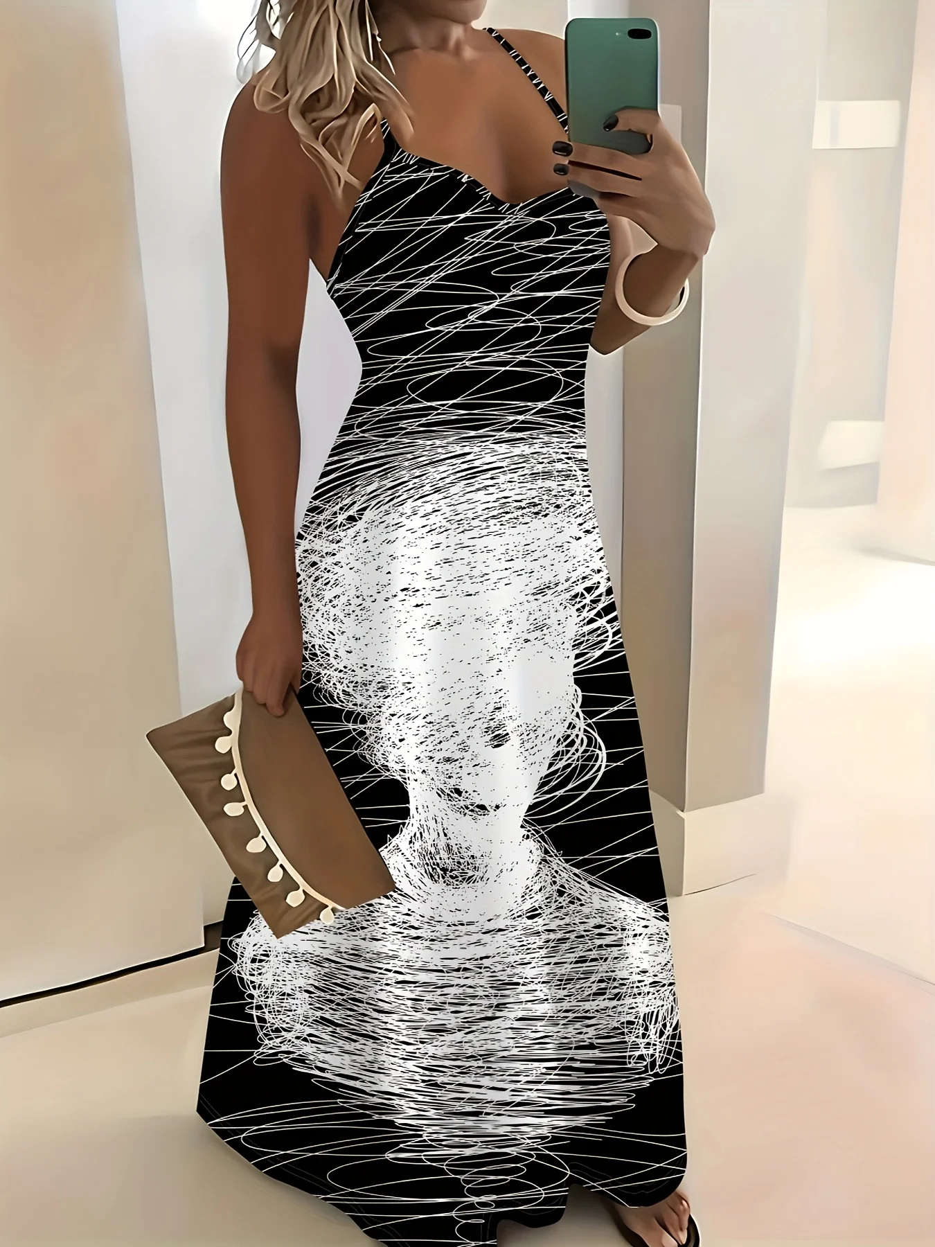 

Юбка на бретелях с принтом в абстрактном стиле, летняя, повседневная, белая с черным вихревым узором