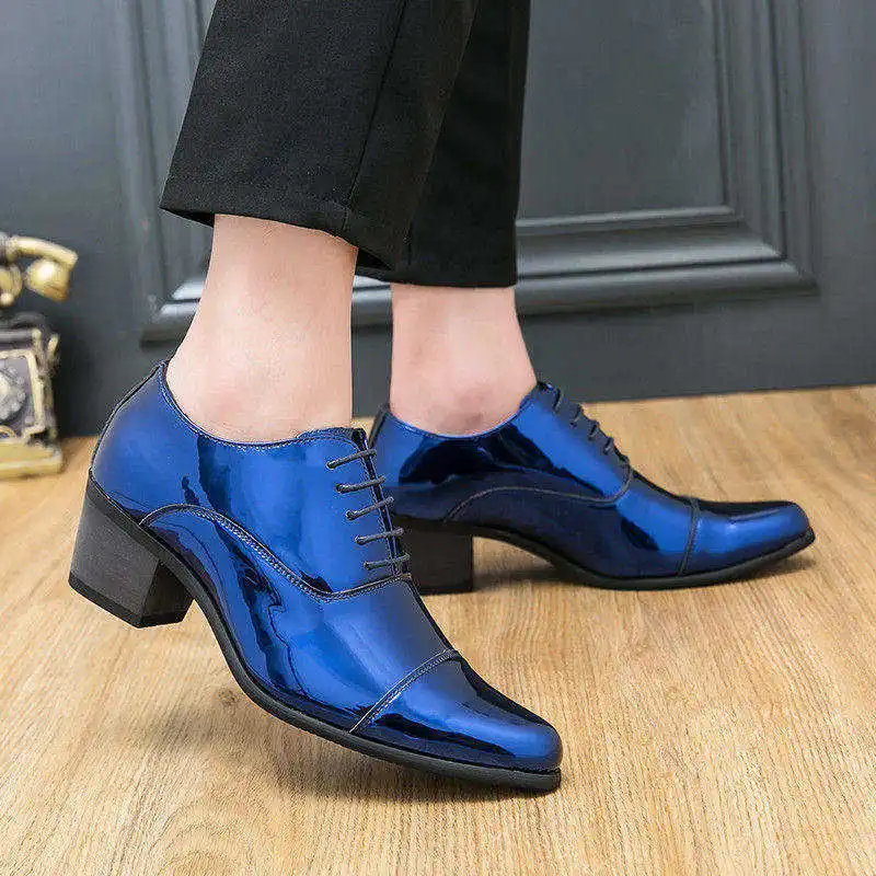 Elegant Blue High Heels Men Wedding Shoes Business Mens Luxury Dress Shoes Shiny Patent Leather Oxford Shoe Men sapato masculino