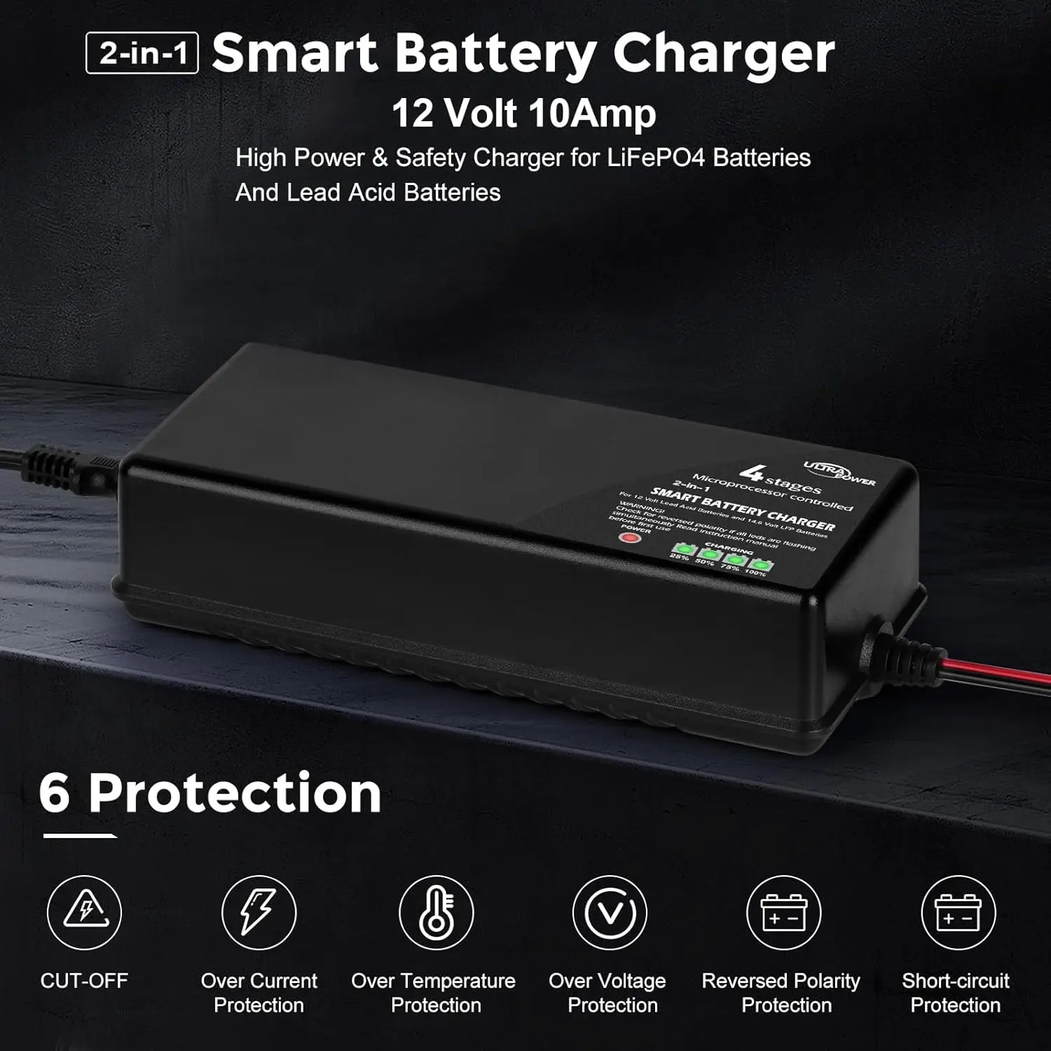 شاحن بطارية ULTRAPOWER 10-Amp LiFePO4، 14.6 فولت للسيارات والعربة والطائرات بدون طيار وحمض الرصاص 12 فولت