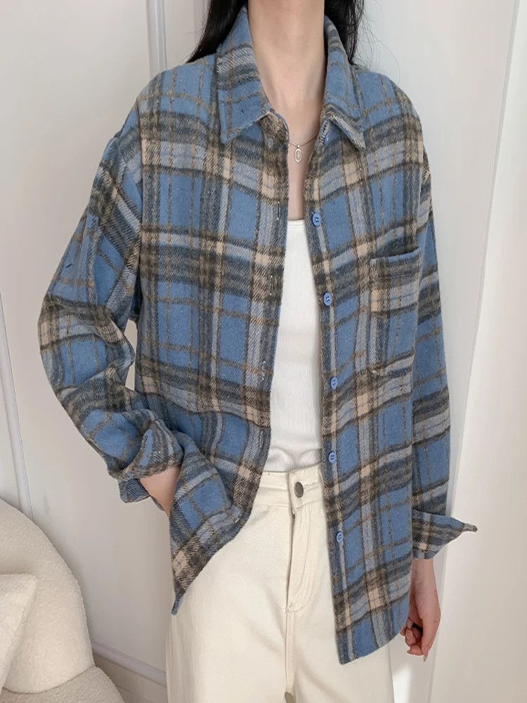 새로운 패션 가을 겨울 캐주얼 루즈 긴 소매 여성 체크 셔츠, 빈티지 여성 스트리트웨어 코트, 여성 의류, 시크 탑스