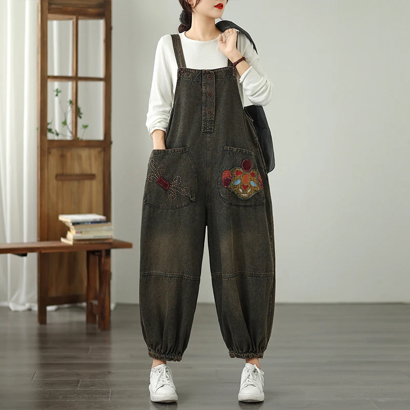 レトロなヘビー刺繍ソフトデニムワイドレッグパンツ大きいサイズカジュアル弾性ウエスト多用途快適な綿混紡ジーンズ