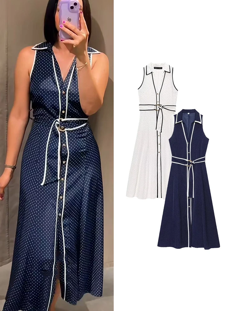 TFMLN新作 レディースファッション 水玉プリント シャツワンピース ベルト付き レトロ ラペル ノースリーブ ボタンアップ ミディ丈ワンピース OL 通勤服
