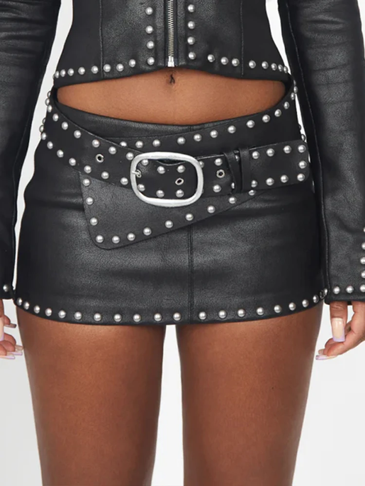 Women's Skirt Sets Faux Leather Metal Deep V Zipper Short Jackets Mini Skirts Suits Spring Female Long Sleeve Slim Coats Outfits